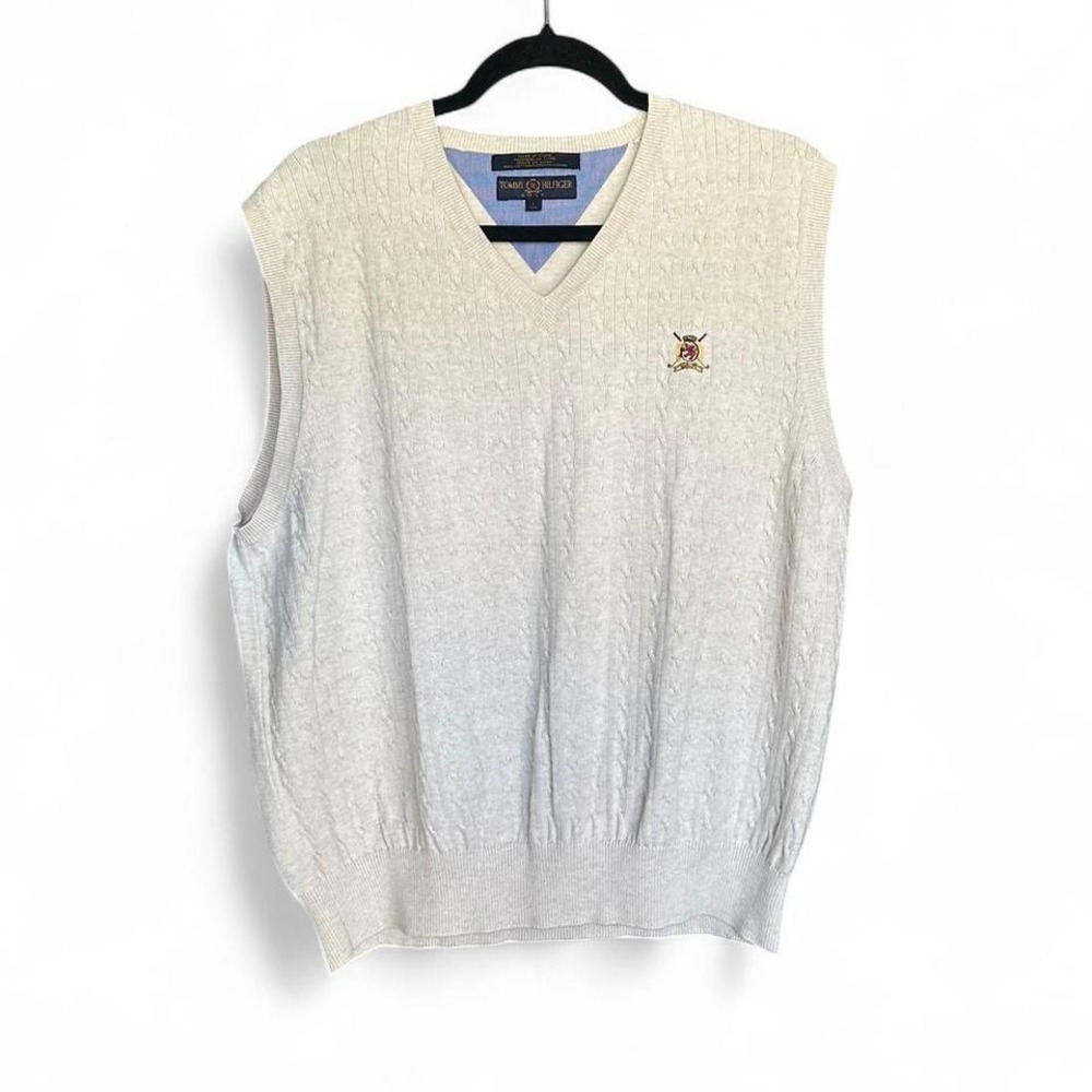 Tommy Hilfiger Vintage Old Money Preppy Cream Golf Knit Vest Men's size L